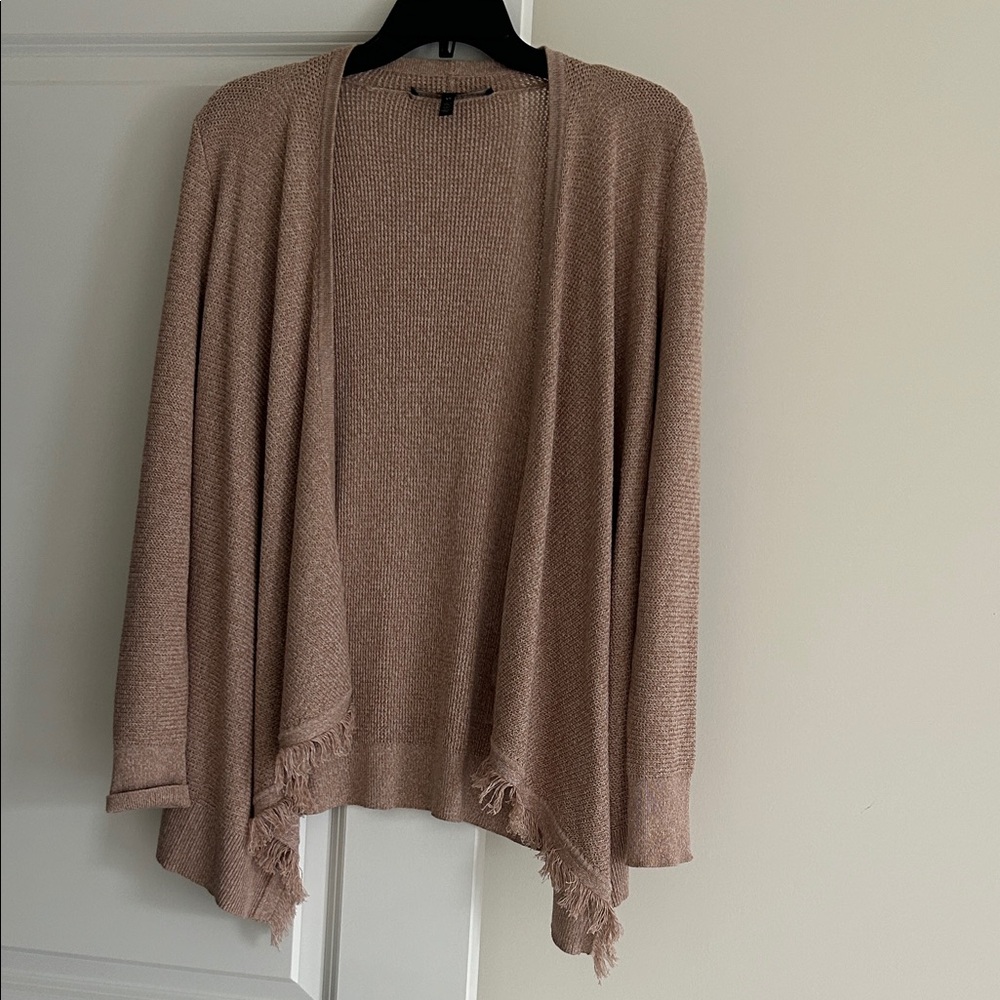 WHBM Soft Ruffle Open Front Fringed Cardigan, Tan. Size XS